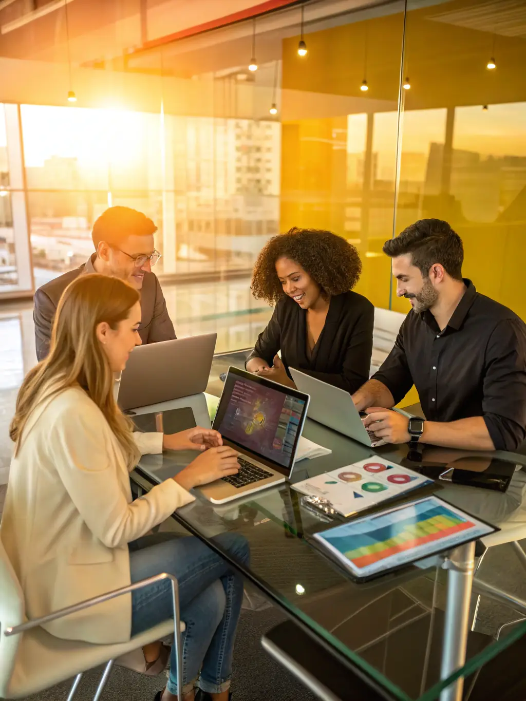 A diverse group of people collaborating around a table, brainstorming customer acquisition strategies using AI-powered tools, in a bright and collaborative workspace.