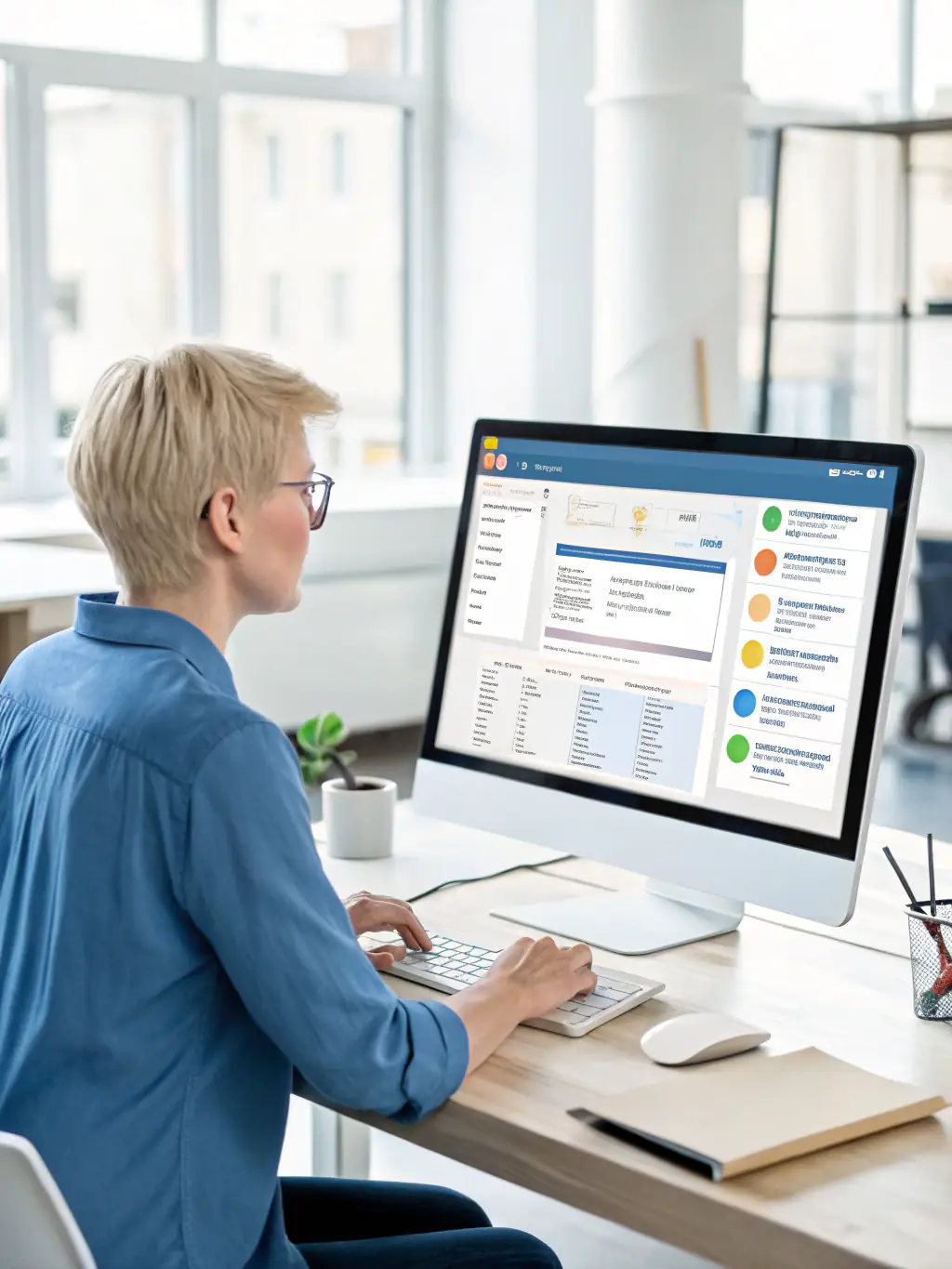 A professional photo of a data scientist working on a complex AI model, surrounded by multiple monitors displaying code and data visualizations, in a modern office setting.