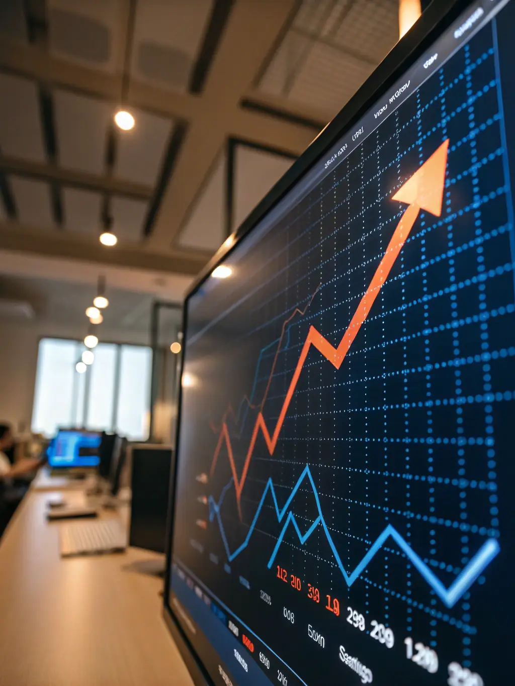 A graph showing performance improvements after AI implementation, with clear upward trends and key metrics highlighted, set against a backdrop of a modern office.