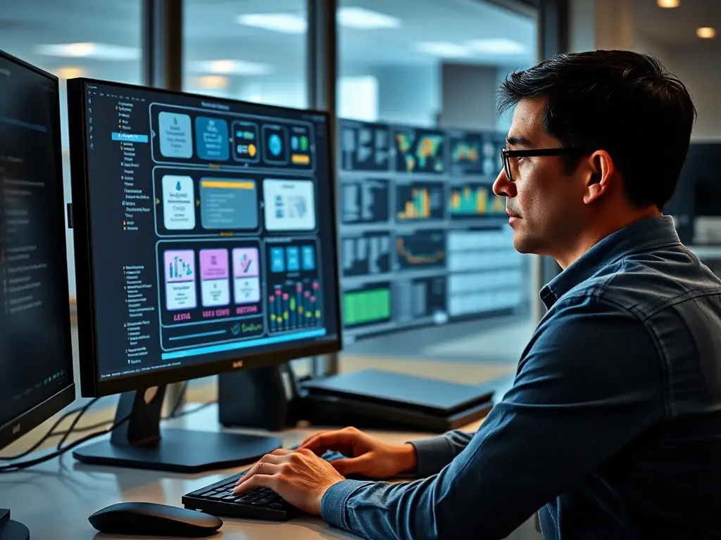 An auditor reviewing digital performance metrics on a tablet with AI data visualizations, representing OPTIMIZEN's AI Performance Audits service.