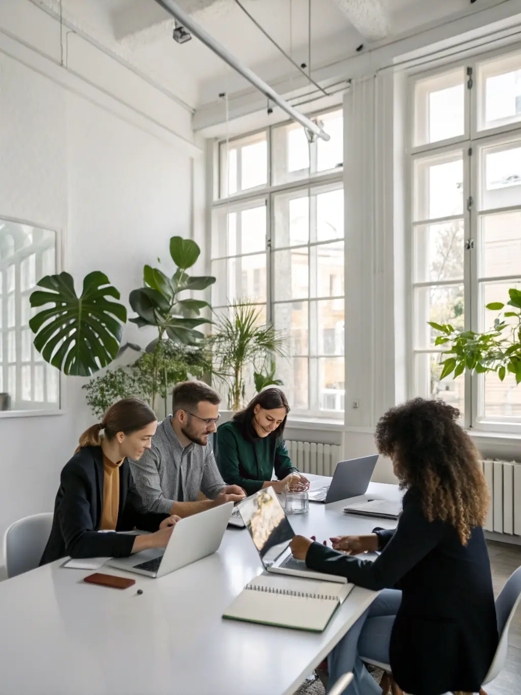 A professional office setting with employees collaborating around a table, showcasing the improved teamwork and efficiency brought by OPTIMIZEN's AI solutions.